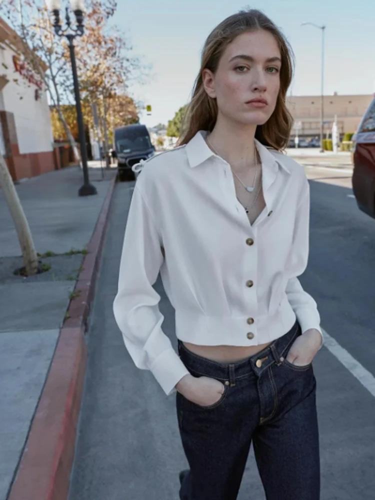 

Женская однотонная укороченная блузка с отложным воротником, плиссировкой, длинным рукавом, на одной пуговице, с V-образным вырезом, повседневная, новая коллекция Весна-Осень 2026