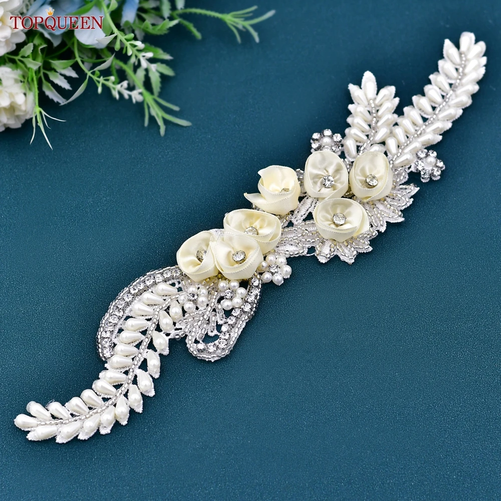 

TOPQUEEN Bridal Sash Belt Flower Pearl Applique Wedding Wide Belt Woman Formal Dress Waist Decoration S321