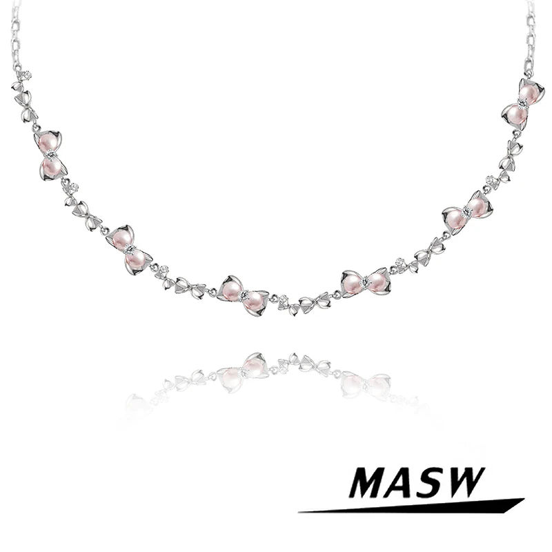 MASW Original Design Sweet Temperament Chain Lovely Pink Bowknot Pendant Necklace For Girl Women Party Gift Jewelry 2024 New