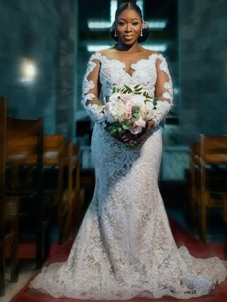 Afrikanische Volle Spitze Meerjungfrau Brautkleider Mit Sheer Neck Illusion Lange Ärmel vestido de noiva Plus Größe Brautkleid Aso Ebi