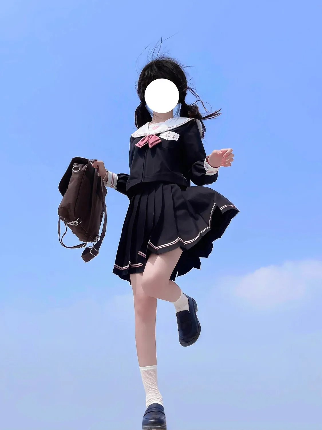 [heartbeat]Genuine JK uniform black and pink girl sweet long short sleeved short skirt sailor suit