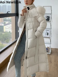 2023 White Duck Down Jacket Women's Winter New High Quality Long Big Fox Fur Collar With Belt Super Plus Size Thick Coat XL