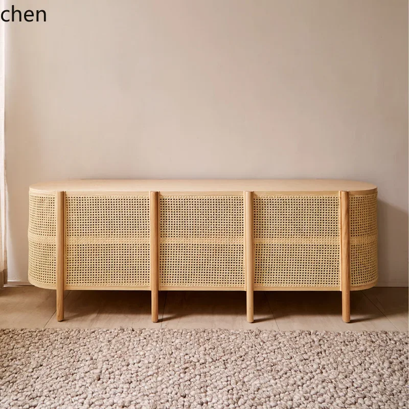 

HYS Rattan TV Cabinet Solid Wood Living Room Modern Simple Floor Cabinet Combination Storage Cabinet Small Apartment
