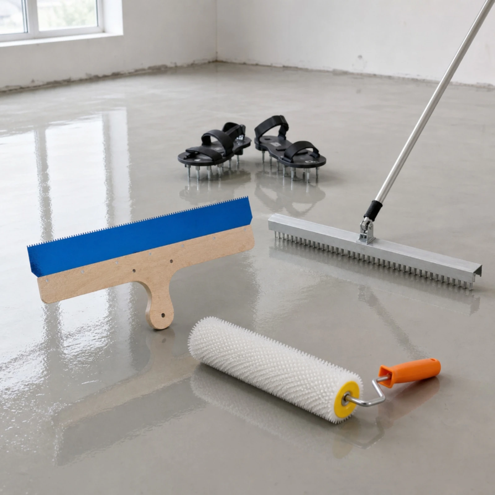 Flooring Tool Self Smoothing Rake with Wooden Handle Fine Toothed Edge for Concrete Work Two Handed Grip Design