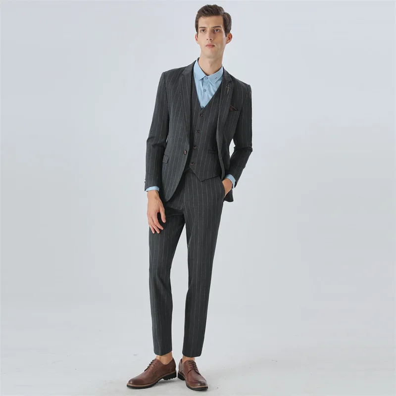 

KIDWHXR Man Suit Set Spring Turn Down Collar Blazer Male Single-breasted Vest Straight-leg Pant Men Striped Slim 3-piece Outfit