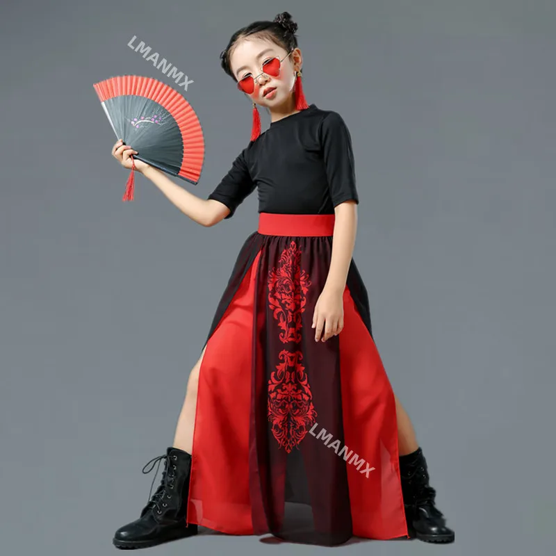 Children Chinese Style Jazz Dance Costume Red Black Hip-Hop Dance Wear Group Performance Stage Costumes Festival Outfits