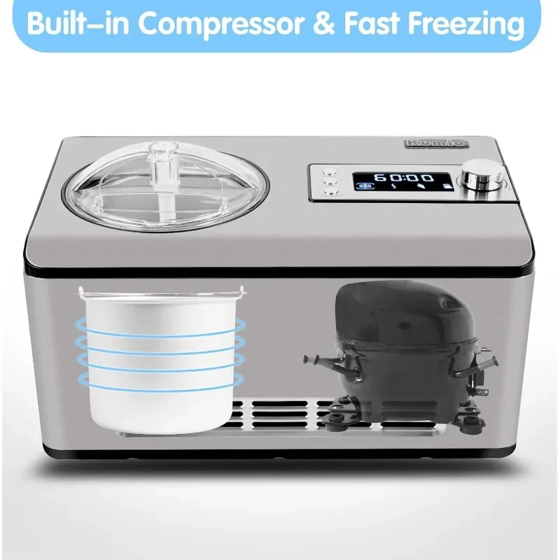 KUMIO 2.2-Quart Ice Cream Maker with Compressor, No Pre-Freezing, Stainless Steel Ice Cream Maker Machine with LCD Display