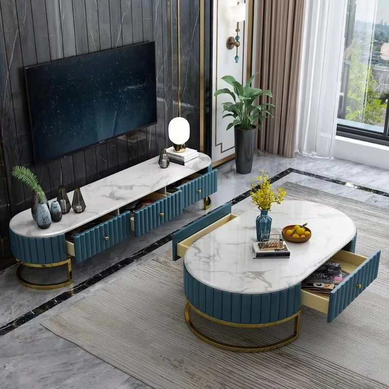 Modern TV cabinet in green and white with marble top stainless steel frame