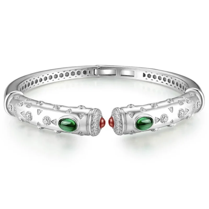 BELLUX Jewelry Vintage Colored Gemstone Setting Fine Bangle Opening 925 Silver Bracelet Synthetic Zircon
