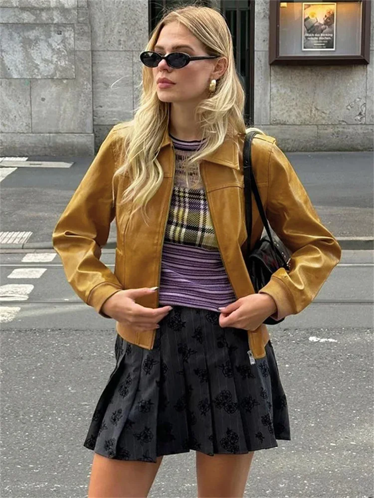 

Tossy PU Vintage Patchwork Jackets Coat Female Lapel Long Sleeve Zipper Cropped Loose Streetwear Women's Autumn 2024 Outwear New