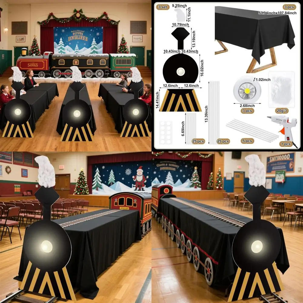 

Christmas Train Party Decorations: North Pole Theme Tablecloth, Cardboard Locomotive, and Craft Ideas for Movie Nights, Pajama P