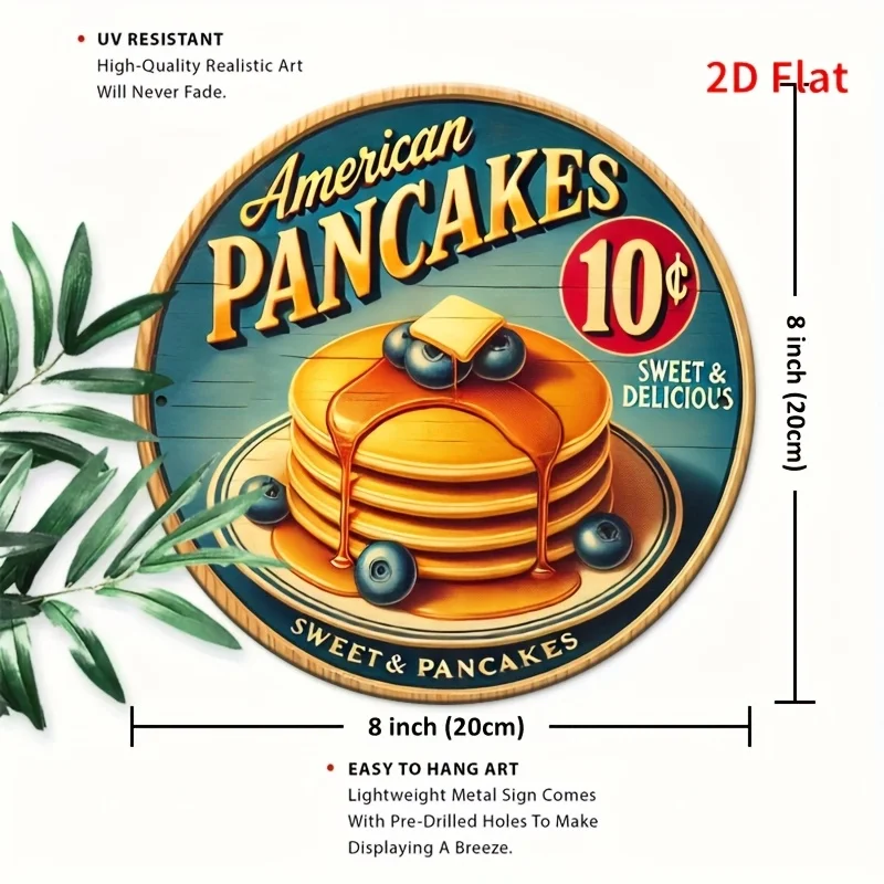 2D Flat, [2D flat]1pc8 x 8inch (20 x 20cm) USA Diner American Pancakes Gift idea for USA & Diner fans, Metal Plaque, Vintage des