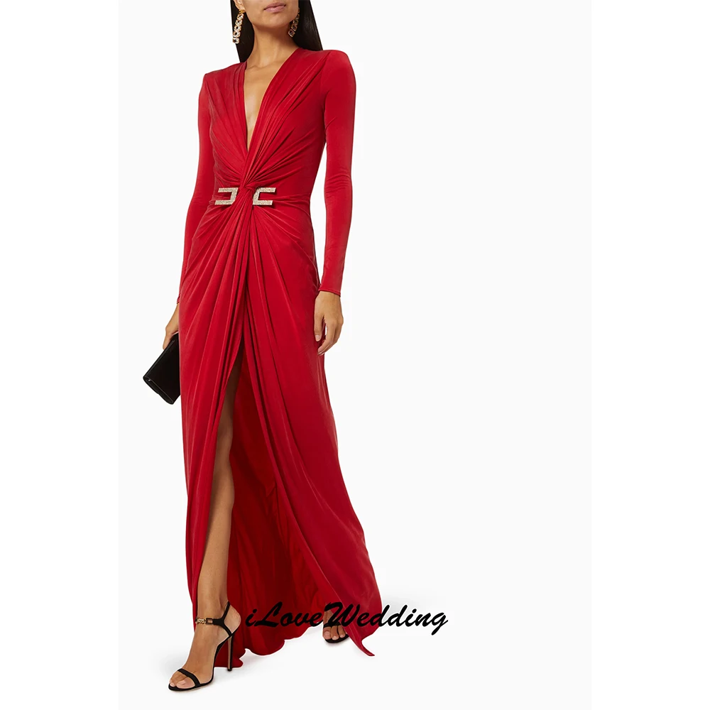 Black V-neck Evening Dresses 2025 Long Sleeve Belt Mermaid Side Split Floor-Length Arabic Pleated Wedding Party Dress  Customize image 4