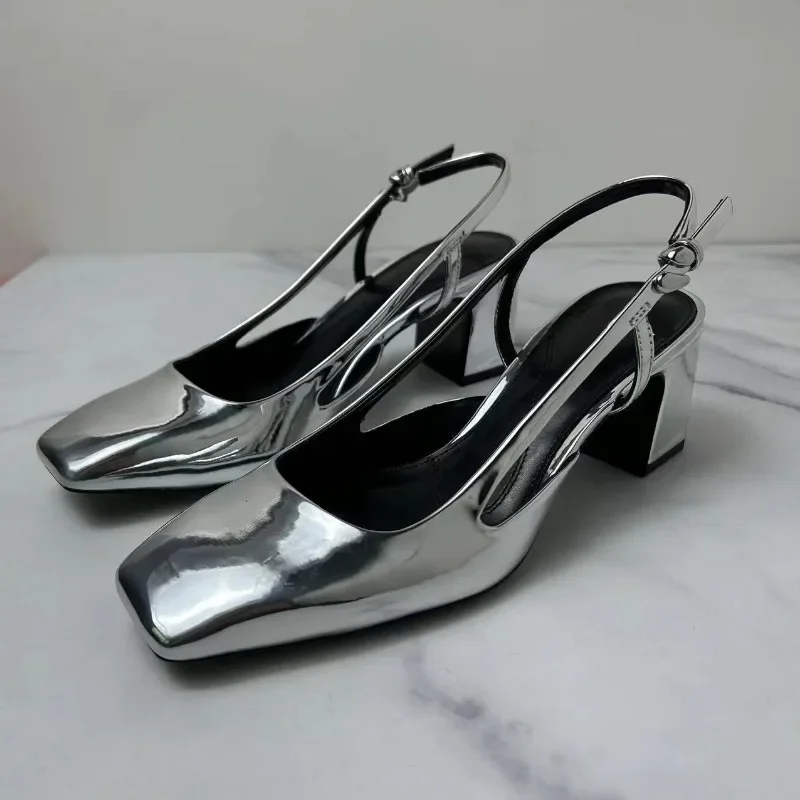 Sliver High Heel Women Mules Shoes Elegant Square Toe Summer Footwear Luxury Party Work Office Lady Sandals Mary Jane Slingbacks