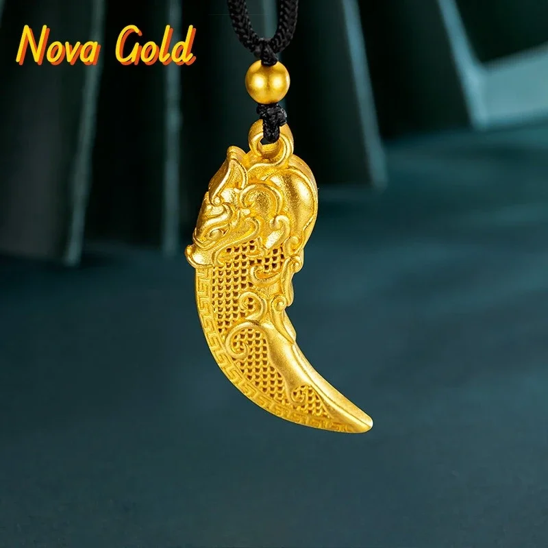 

Золотой кулон NovaGlod Luxury 24K 9999 пробы из чистого золота с полым дизайном в виде волчьего клыка, для мужчин и женщин, с черным шнурком-подвеской.