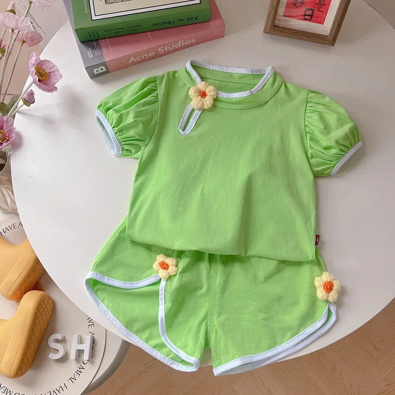 جديد الصيف ملابس الطفل الفتيات ملابس رسمية الأطفال عادية قصيرة الأكمام تي شيرت السراويل 2 قطعة/مجموعة طفل زي الاطفال وتتسابق
