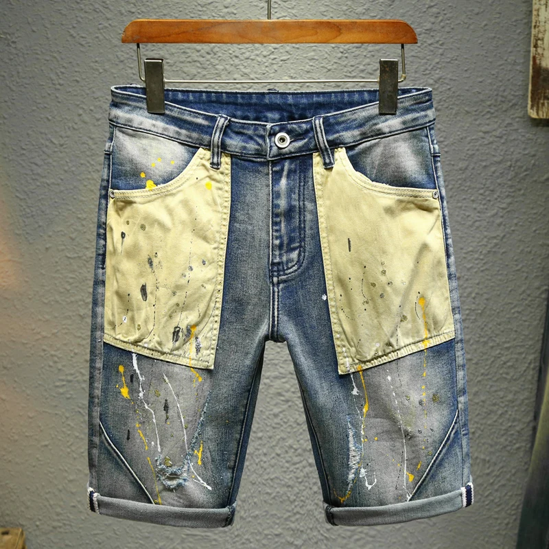 

Denim shorts men's trendy brand fashionable and personalized pentagonal pants splashed ink fashionable men's short pants jeans