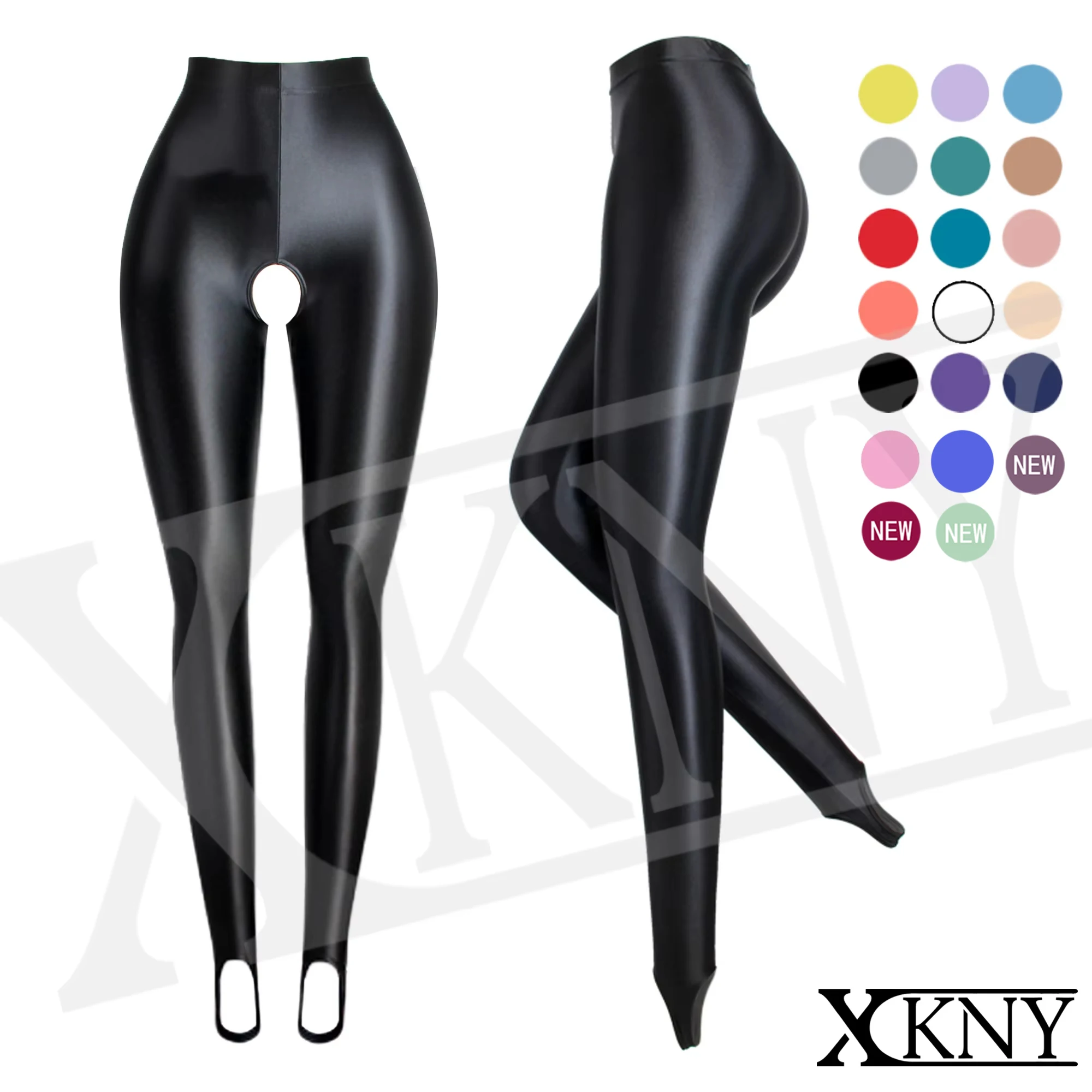 

XCKNY Satin glossy pants sexy oil tights high waist shiny smooth Leggings silky yoga sport Open crotch glossy pants