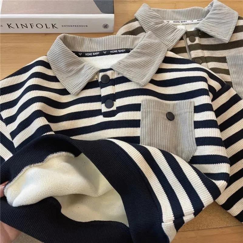Boys Fleece Sweatshirt Girls Winter Warm Striped Thickened Pullover Children Autumn Padded Sportswear Kids Plush Velvet Coats