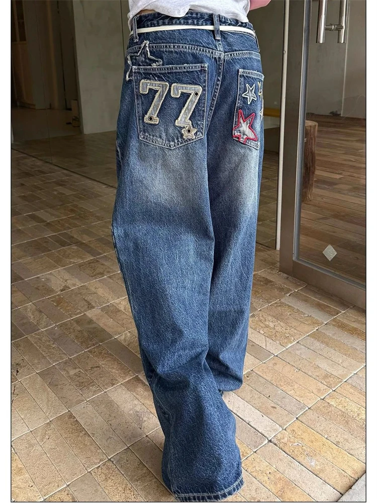 

Женские мешковатые джинсы в стиле ретро с вышивкой в виде звезд и буквами, уличные брюки для девочек, винтажные брюки, женские широкие брюки с высокой талией