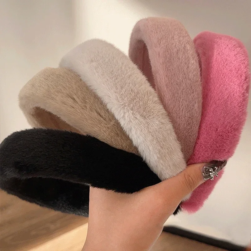 New Fashion Thick Fur Headband Hair Bands For Women Girls Candy Color Hair Hoop Headwear Plush Wide Hairbands Hair Accessories