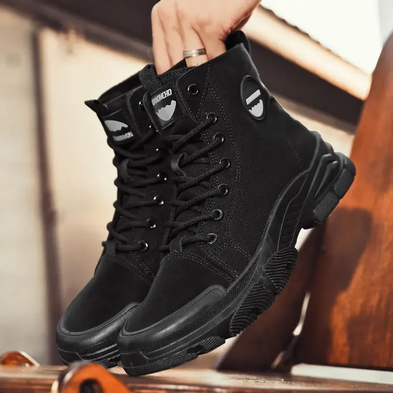 Fashion Men's High Top Thick Sole Canvas Desert Boots Breathable Outdoor Work Shoes All Match Spring Autumn 2025 New Lace Up