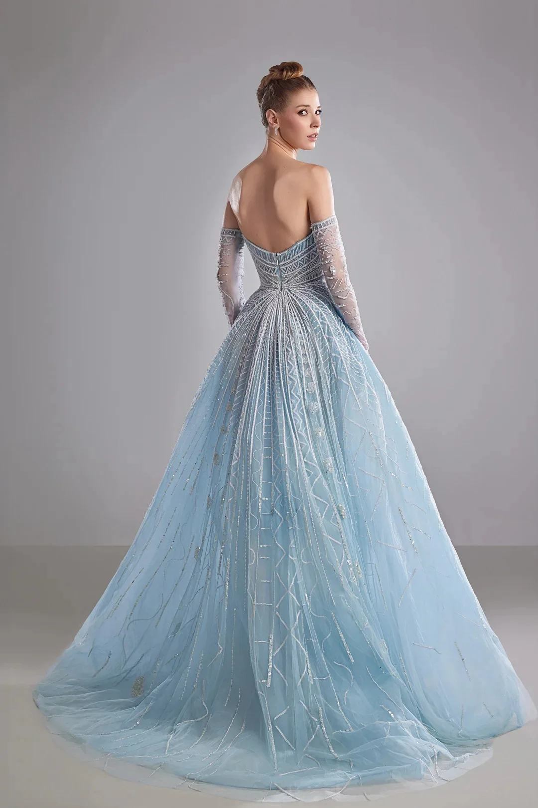 

Arya Sky Blue Gorgeous Evening Dress for Woman Lace for Floor-Length Strapless Prom Dress Sequins Vestidos De Fiesta Customized