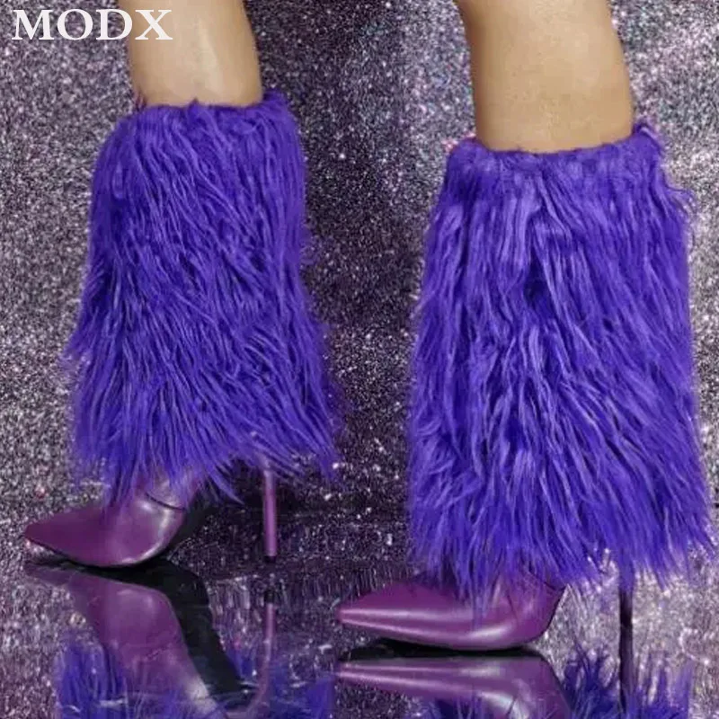 

Purple Fur Leather Splice Feath Tassel Pointed Toe Stiletto Short Boots Fashion Slip On Elegant Party Runway Shoes Mujer Botas