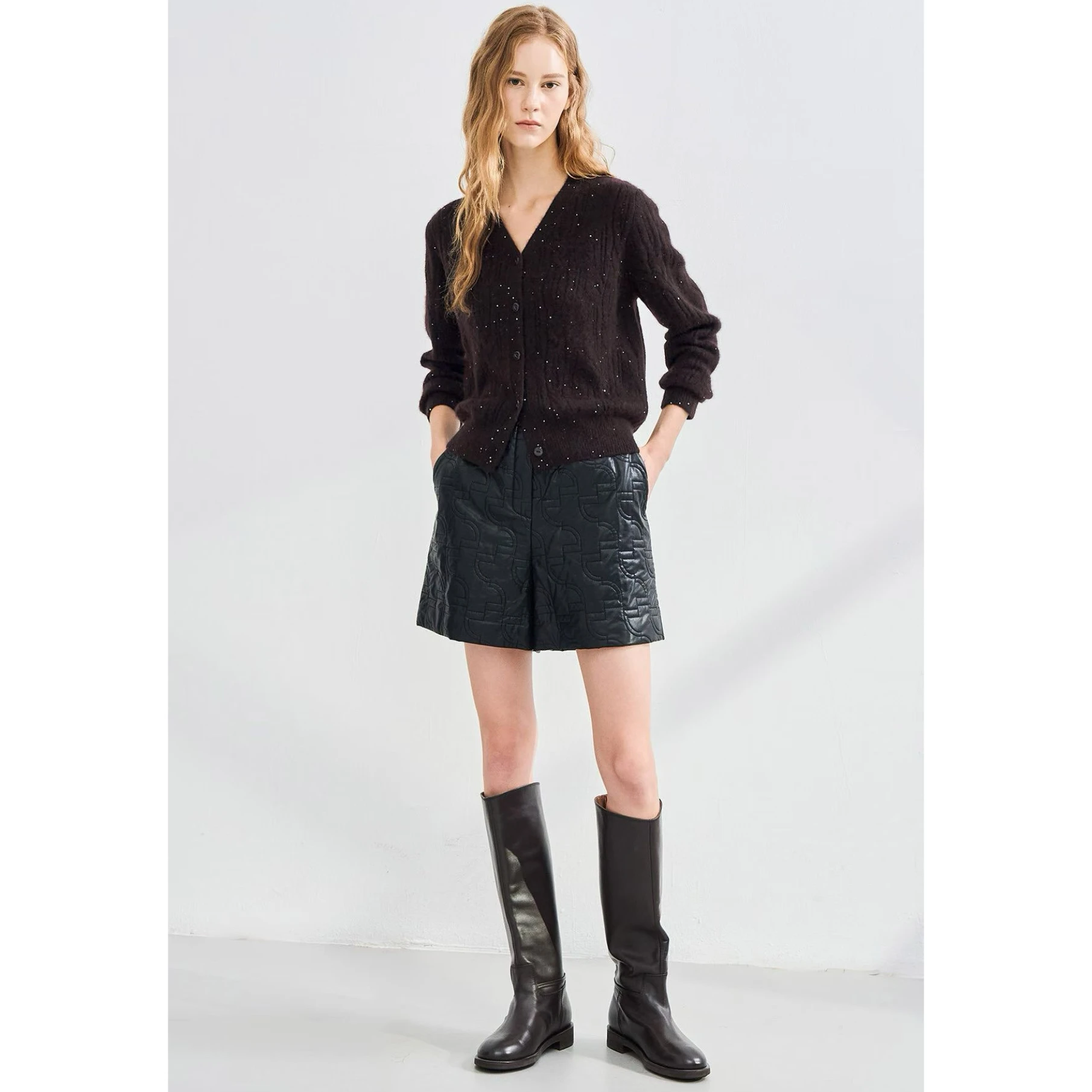 

Lemon Cheese V-Ne Knitted Open Cardigan Soft Spacious Hollow out Decorative Sequins Commute Sle Long Sve Women's Knitwear