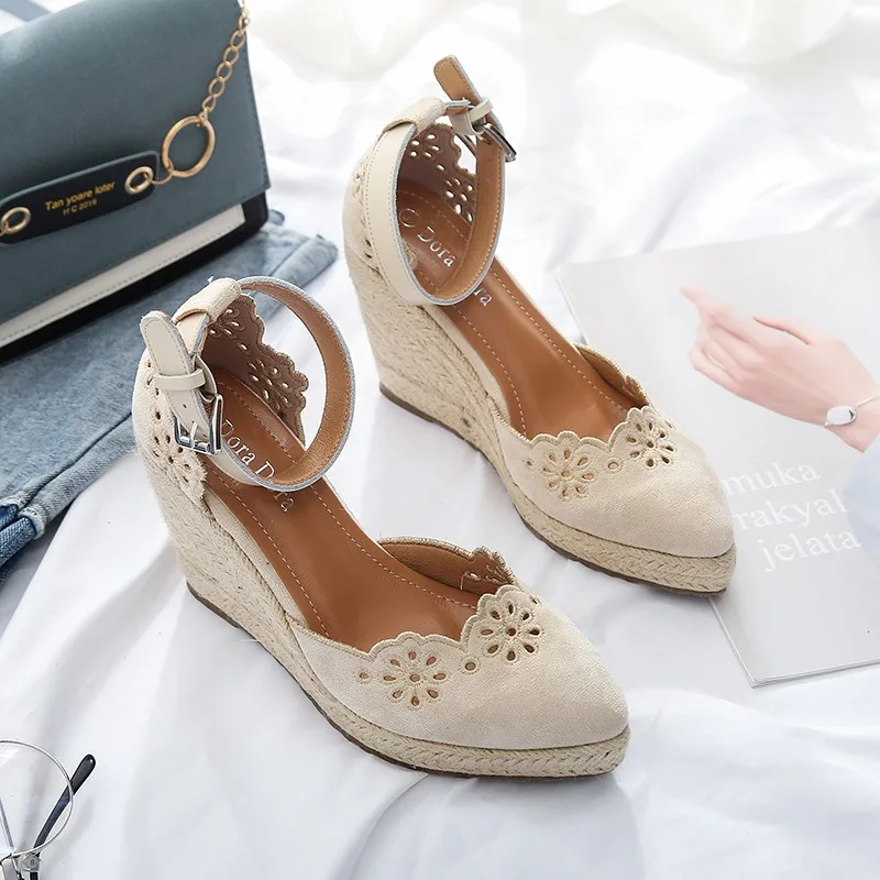 

10CM Women's Shoes Fashion Retro Wedge Heel Sandals for Woman Elegant Pointed Tip Casual Shoes Designer Shoes Sandalias De Mujer