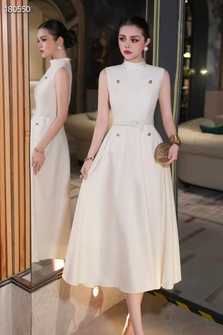 Sommer Neue Seide + Wolle Stoff Stehkragen Design Taste + Taille Gürtel Modische Elegante Glänzende Ärmelloses Kleid Für Frauen S-XL