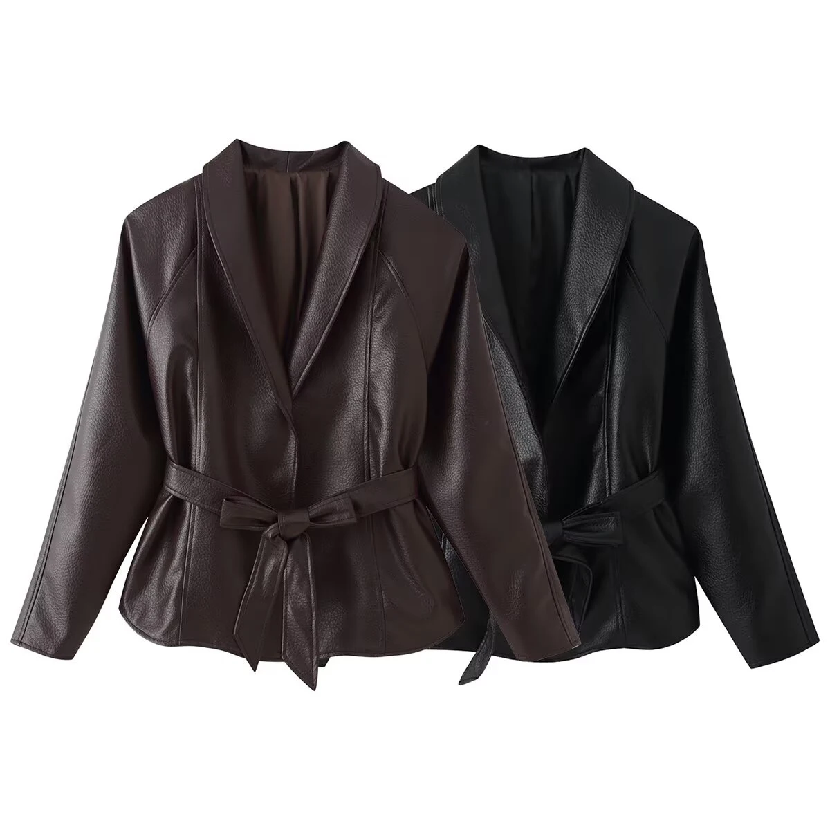 European and American autumn new women's clothing style simple lapel long sleeved with belt imitation leather jacket jacket