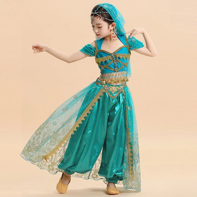 Children Aladdin Princess Jasmine Cosplay Costume Dance Bollywood Kid Girls Fancy Party Dress Outfit Suit