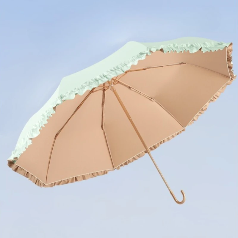 Three-fold Hand-opened Small Golden Hook Rubber Fabric Umbrella Simple Sun Protection Solid Color Lace Umbrella with Storage Bag