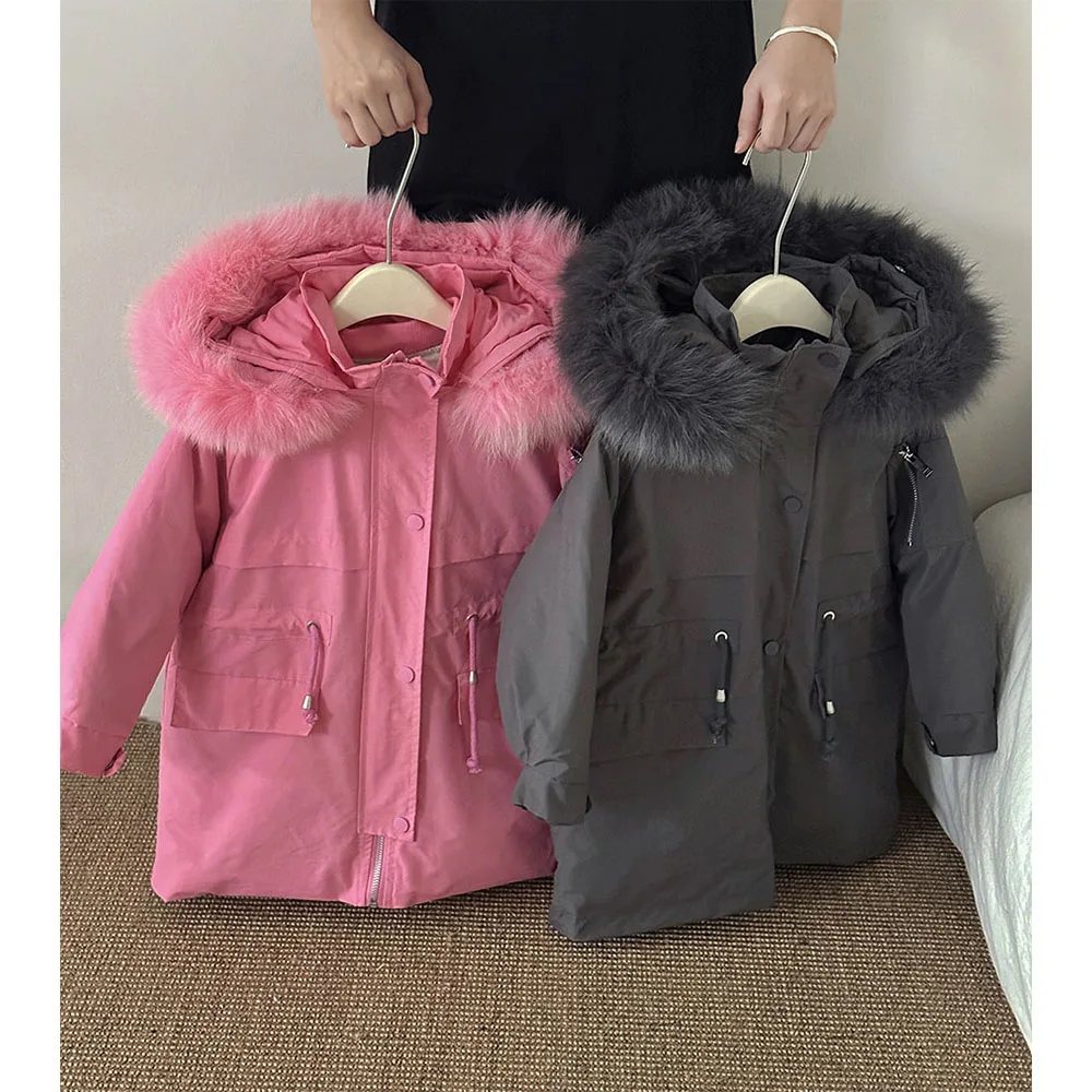 Thicken Warm Parkas Down Coat for Kids Girls Boys Solid Hooded Fur Collar Long Puffer Jacket Detachable Down Lining Overcoats