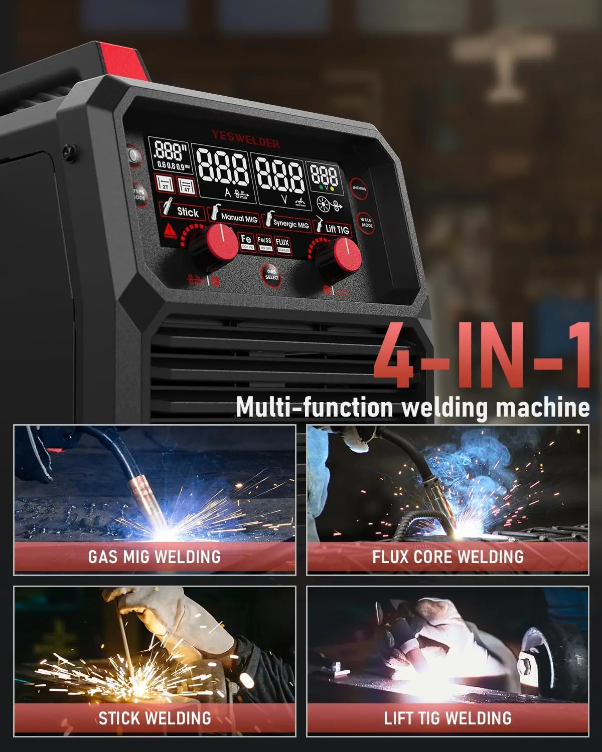4-in-1 MIG Welder, 165 Amp Dual Voltage 110V/220V Welding Machine for MIG, Flux Core MIG, Lift TIG, and Stick Welding