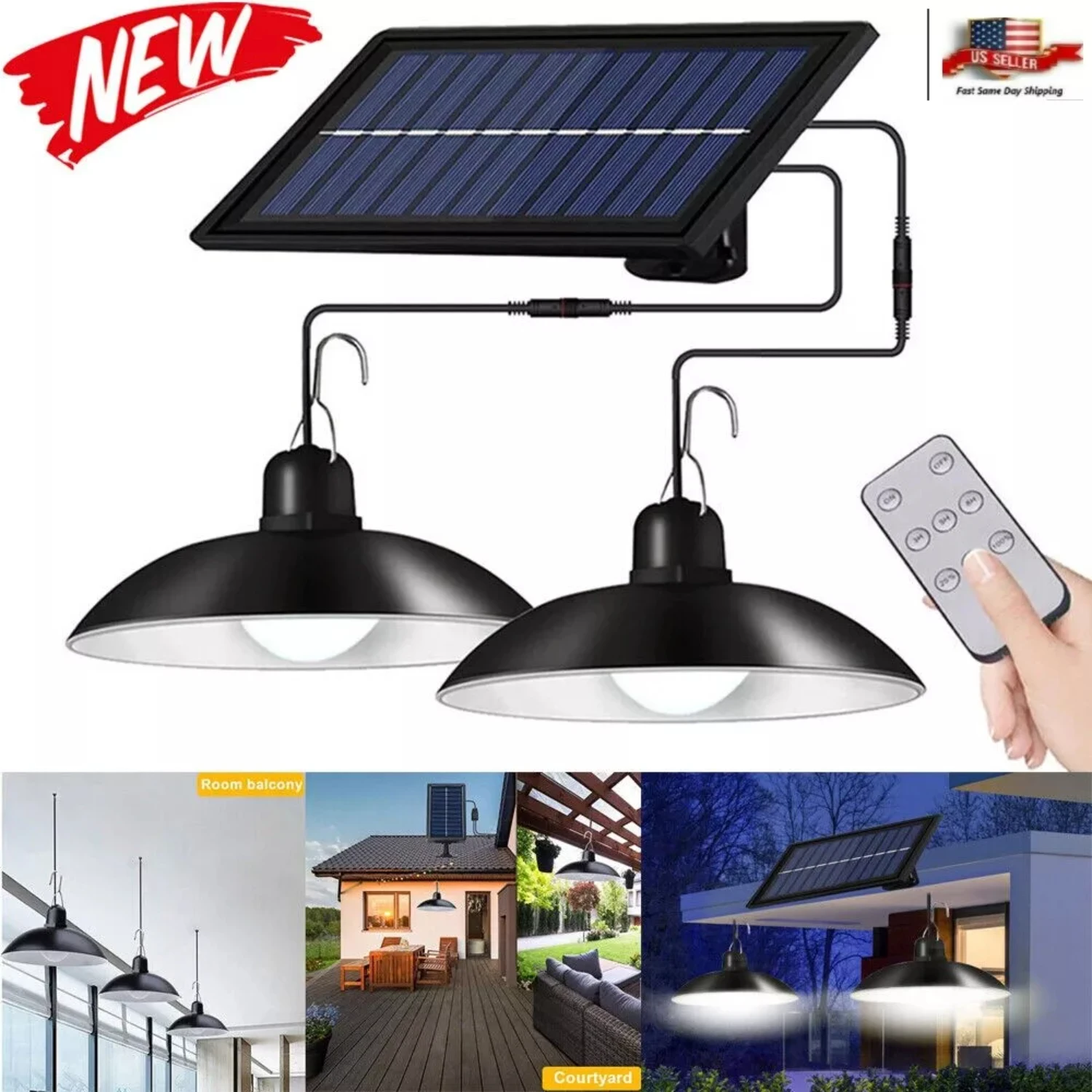 

Double LED Pendant Light Solar Power Outdoor Indoor Garden Yard Shed Lamps