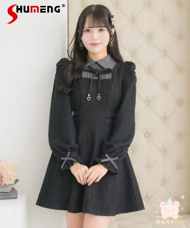 

Japanese Mine Style Mass-Produced Polo Collar Long Sleeve Heart Button High Waist Sweet Lolita Short Dress for Women Spring 2026