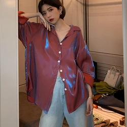 Rimocy Vintage Long Sleeved Silk Shirts Women 2024 Spring Loose Turn Down Collar Satin Shirt Woman Button Up Elegant Blouse