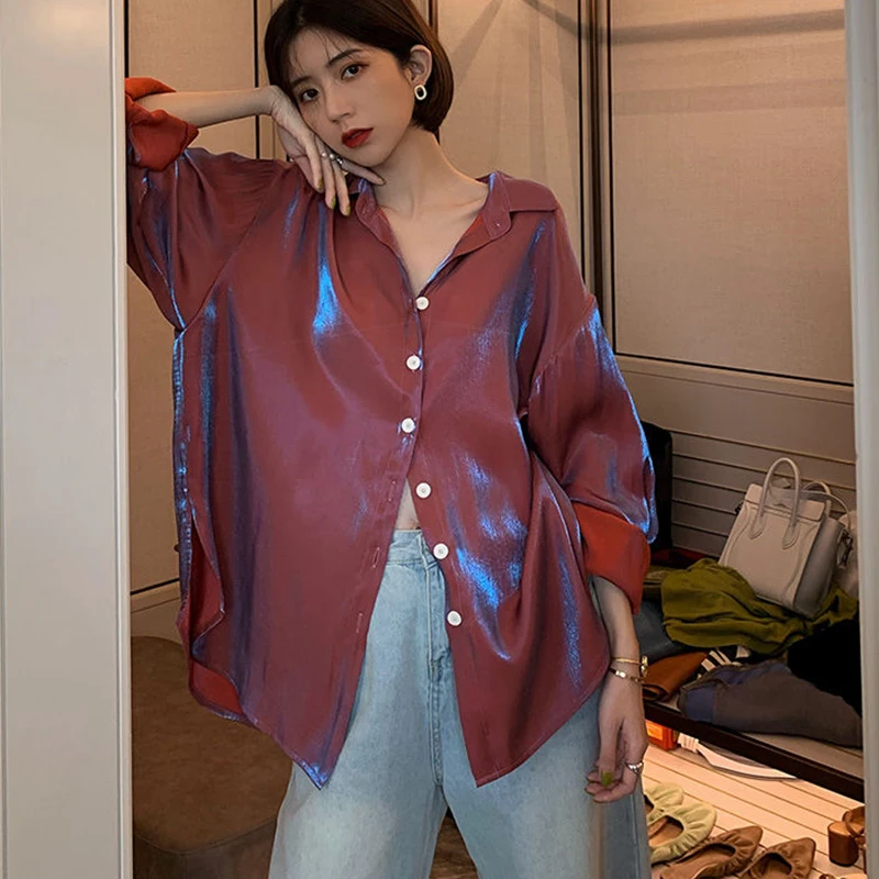 Rimocy Vintage Long Sleeved Silk Shirts Women 2024 Spring Loose Turn Down Collar Satin Shirt Woman Button Up Elegant Blouse