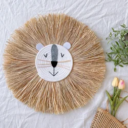 50cm Cute Animal Head Ornament Cartoon Lion Wall Decoration Hand-woven Raffia Decor Tapestry Children Room Wall Hanging Pendants