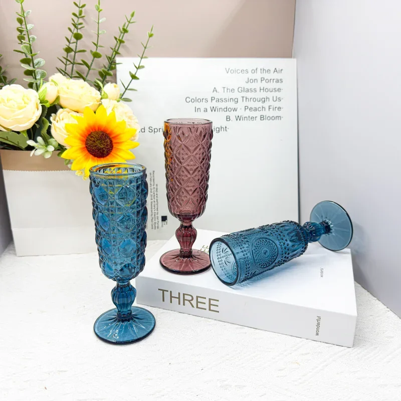 

2Pcs European embossed champagne stained glass goblet juice cup wedding retro red wine sweet wine