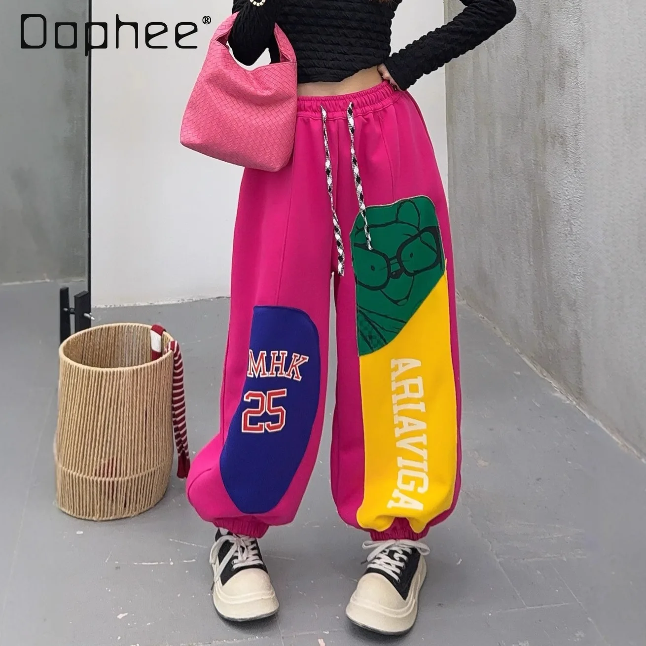 

American Retro Design Patchwork Print Fleece-Lined Warm Sweatpants for Women 2025 Winter New Hot Girl Jogger Pants