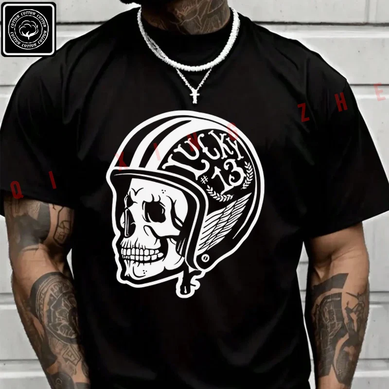 

Lucky 13 Motorcycle Skull T-Shirt Cotton Fans Men New Fashion Summer Short Sleeve Printing O-Neck T Shirt