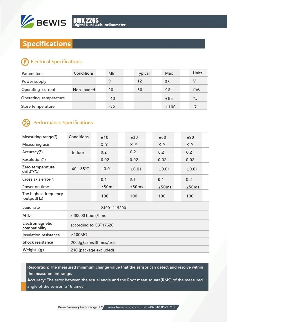 BWSENSING Dual Axis Inclinometer BWK226S Digital Output Tilt Sensor RS232 RS485 TTL Output