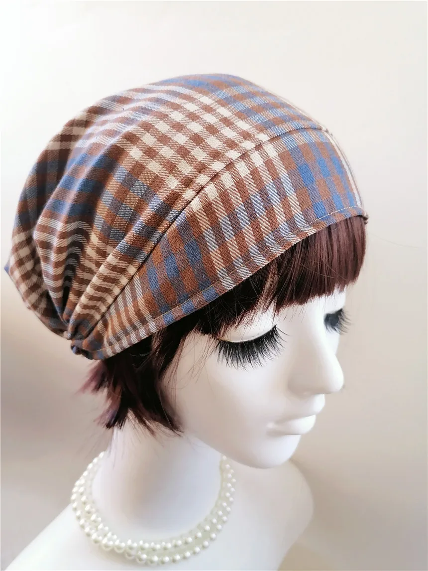 

Brown Blue Plaid Womens Hats Girls Bonnet Bohemia Caps Vintage Headpiece Medieval Maid Hat Beanie Plaid Hats
