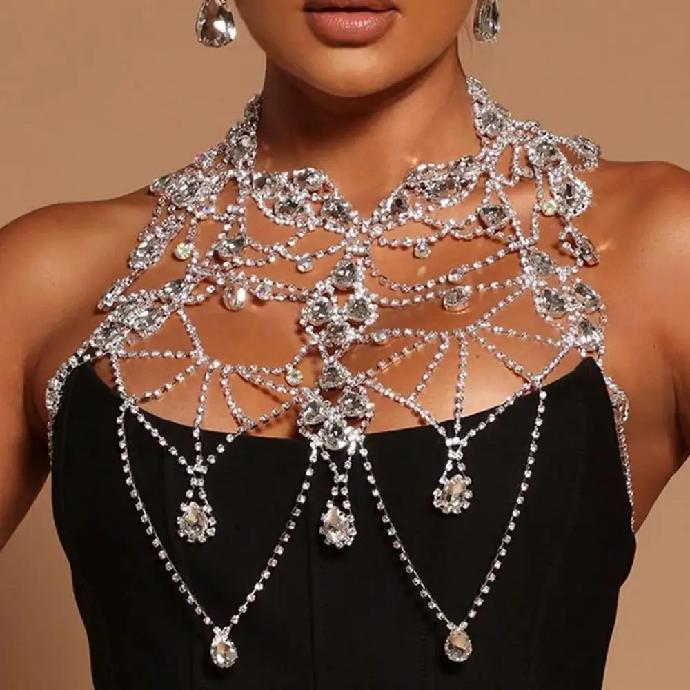 Luxury Rhinestone Body Chain Bra Necklace Bikini Jewelry for Women Drop Crystal Bralette Hollow Clothing Decoration Jewellery