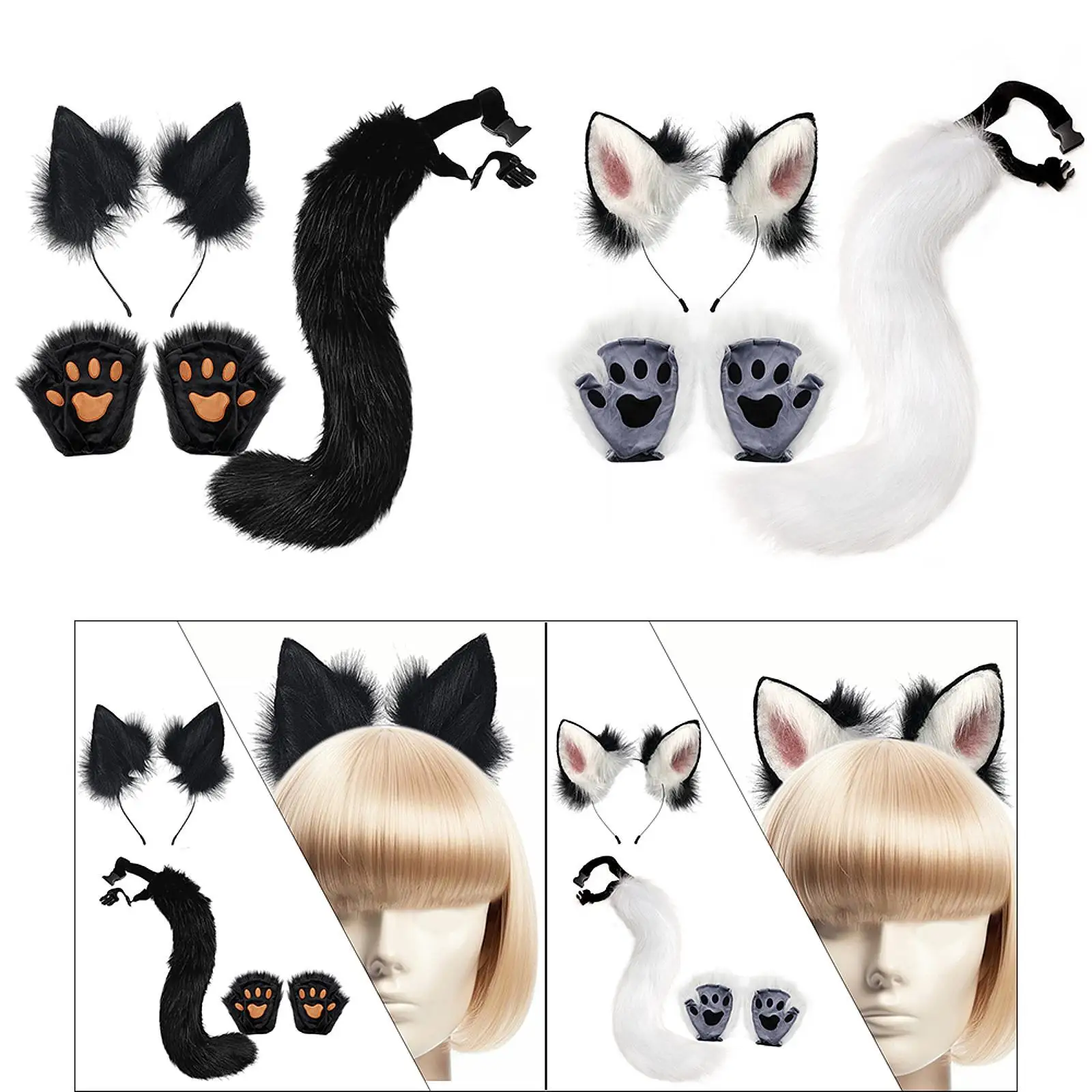 Fox Ears Tail Paw Set Dress up Women Cosplay Animal Fox Costume Set for Role Play Holiday Night Club Stage Performance Birthday