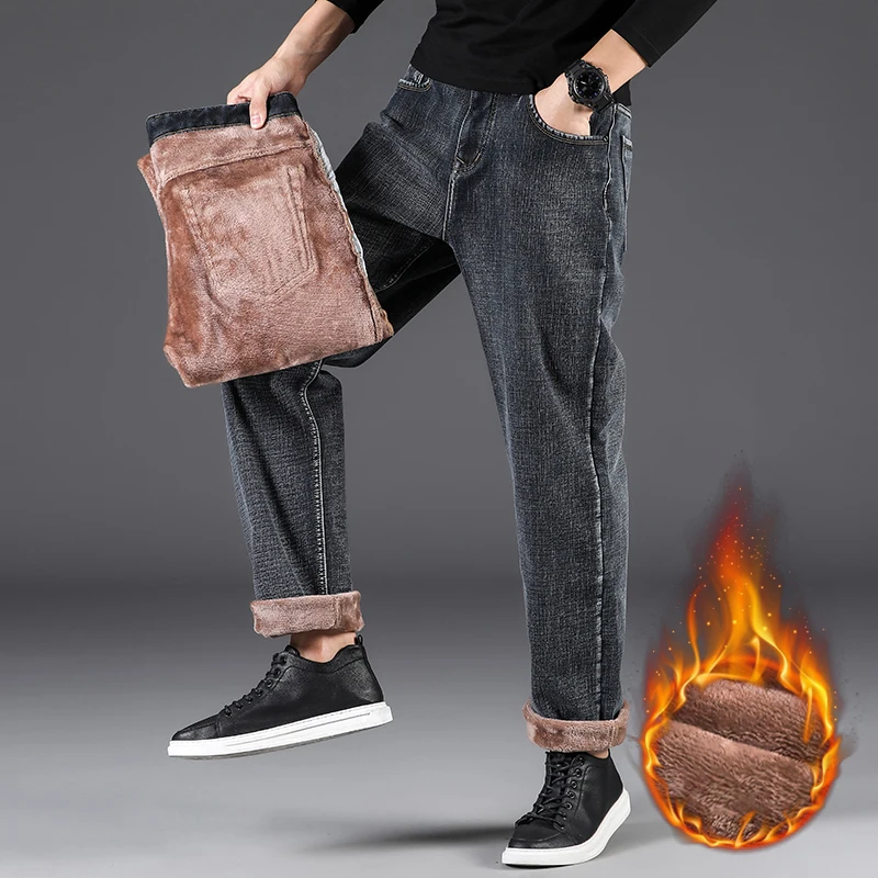Winter Men's Fleece Warm Jeans Thickened Classic High Waist Loose Straight Denim Pants Retro Smoke Gray Elastic Trousers 42 44
