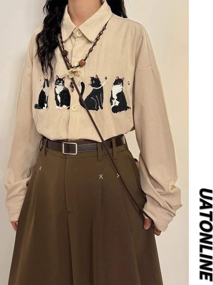 

UATONLINE Autumn Winter American Retro Loose Fun Embroidery Corduroy Long Sve irt Casual Sle Youth ular Faion